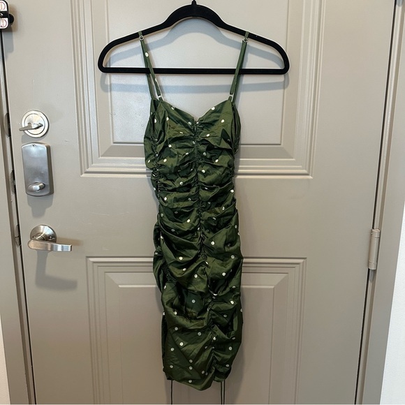 For Love & Lemons Paula Ruched Midi Dress Size XS Green Polka Dot - Picture 3 of 7